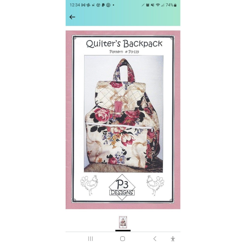 Quilter's Backpack Pattern P3-119 from P3 Designs by Pearl P. Pereira Sew Craft